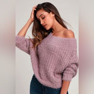 Lulu’s Carino Dusty Purple Off-the-Shoulder Fuzzy Cropped Sweater!